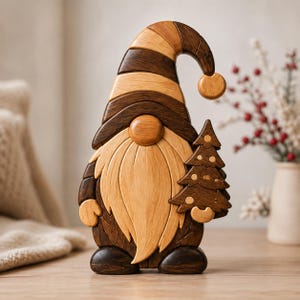 May include: A decorative wooden gnome figurine crafted from alternating light and dark wood segments. The gnome features a tall, drooping hat, a prominent rounded nose, a long flowing beard, and holds a small stylized wooden Christmas tree.
