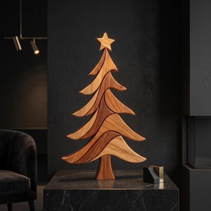 Handcrafted wooden Christmas tree intarsia displayed on a dark wall, showcasing layered scroll saw craftsmanship and elegant minimalist holiday décor.