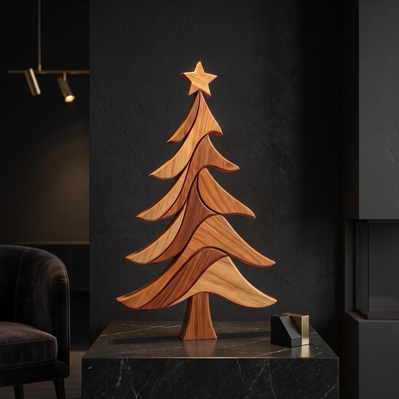 Handcrafted wooden Christmas tree intarsia displayed on a dark wall, showcasing layered scroll saw craftsmanship and elegant minimalist holiday décor.