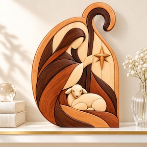 May include: A decorative wooden wall plaque featuring a stylised marquetry design of a figure holding a shepherd's crook with a lamb resting at their feet. The composition includes a prominent four-pointed star and uses various wood tones.