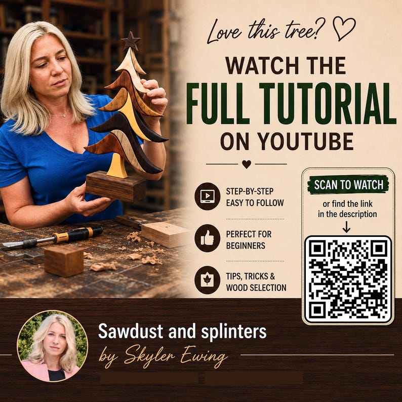 Wooden Christmas tree intarsia pattern with step-by-step woodworking tutorial by Skyler Ewing, featuring a QR code to watch on YouTube.