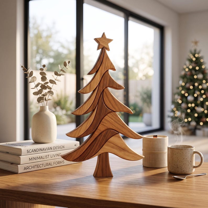 Christmas Tree Scroll Saw Pattern displayed as a layered wooden tabletop decoration beside a window with books and a coffee mug in a modern home.