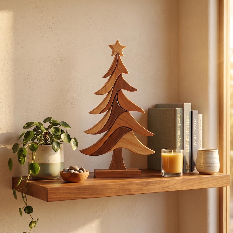 Christmas Tree Intarsia Pattern displayed as a handcrafted wooden tabletop decoration on a floating shelf with books and indoor plants.
