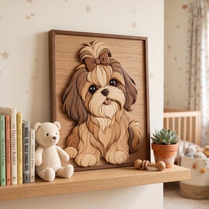May include: A rectangular wooden wall art piece featuring a layered, three-dimensional relief of a Shih Tzu dog with a small bow on its head. The dog is rendered in various shades of natural wood, showcasing detailed fur textures and large eyes.