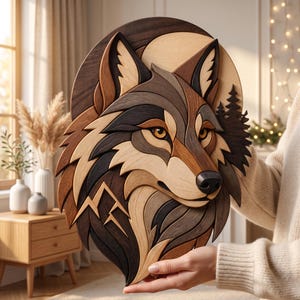 May include: A multi-layered wooden wall art piece featuring a stylized wolf head. The design incorporates various wood tones, including light, medium, and dark brown, with cutouts depicting a mountain range and pine trees against a circular moon.