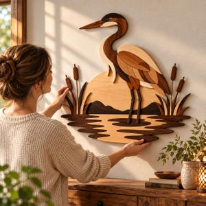 Puede incluir: Una pieza de arte de madera para pared que muestra una garza en capas en un pantano con espadañas y un sol circular de fondo. El diseño utiliza varios tonos de madera natural para crear una silueta detallada del ave y el paisaje.