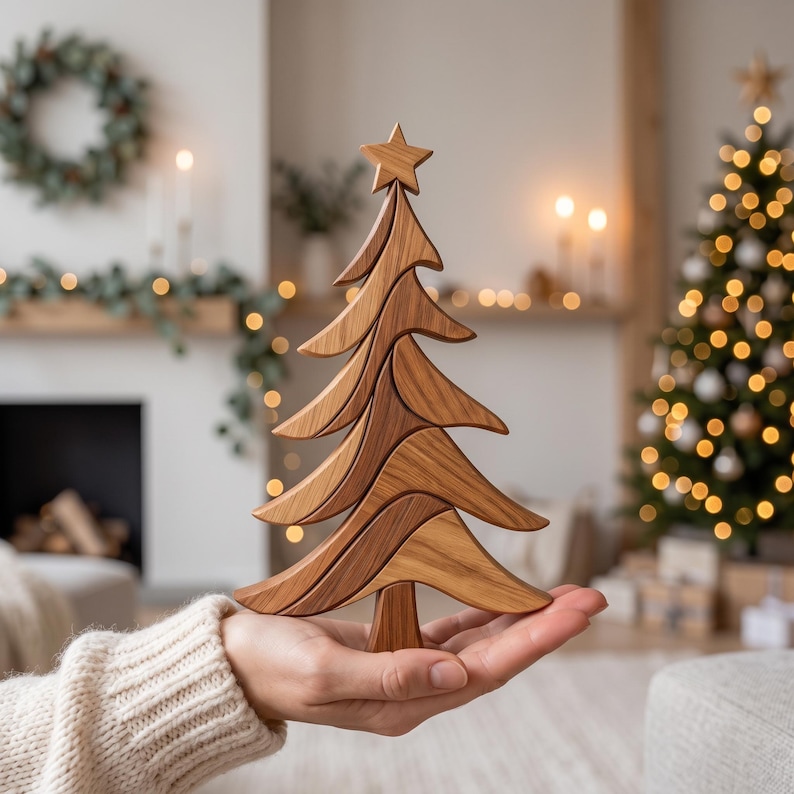 Christmas Tree Intarsia Pattern digital download shown as a handcrafted wooden scroll saw tabletop decoration held in a hand inside a cozy Christmas living room.