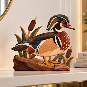 Motif d'intarsia de canard mandarin, modèle de travail du bois pour scie à chantourner, art du bois d'oiseau SVG JPG DXF