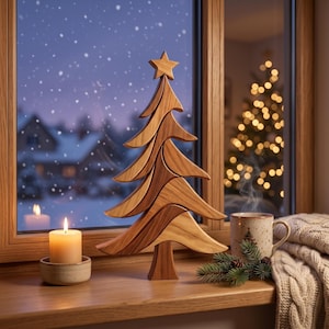 Christmas Tree Intarsia Pattern displayed as a handcrafted wooden tabletop decoration beside a candle with a snowy window and cozy holiday home décor.