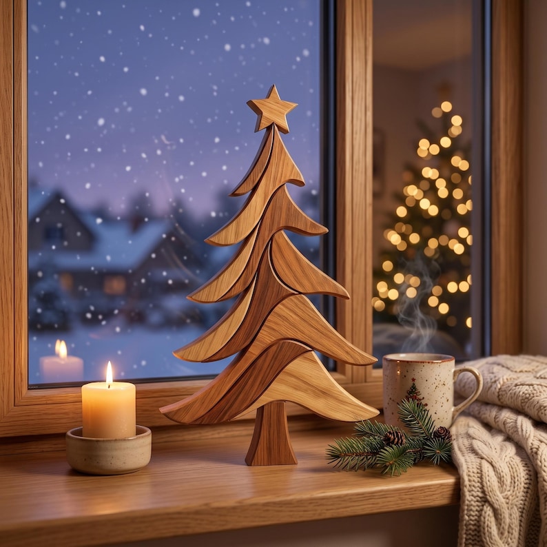Christmas Tree Intarsia Pattern displayed as a handcrafted wooden tabletop decoration beside a candle with a snowy window and cozy holiday home décor.