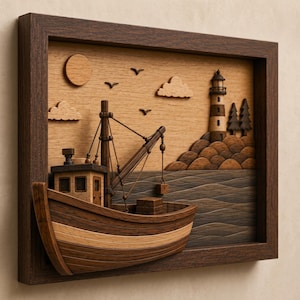 May include: A three-dimensional wooden wall art piece featuring a fishing boat in the foreground with a lighthouse, rocky coastline, sun, clouds, and birds in the background. The scene is constructed from various shades of wood and framed in dark wood.