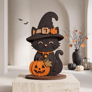 Patrón de intarsia de gato negro de Halloween, calabaza con sombrero de bruja, patrón de carpintería, decoración de Halloween, descarga digital en PDF y SVG.