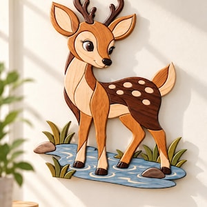 May include: A wall-mounted wooden deer decoration featuring a fawn with light and dark brown wood grain segments, dark brown antlers, and white spots. The deer stands in a blue water feature with green grass tufts and small brown stones.