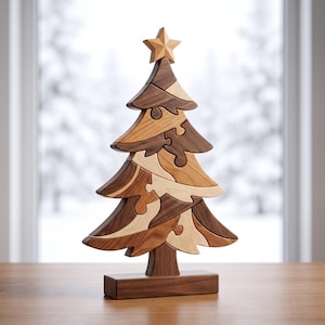 Modèle PDF de marqueterie pour sapin de Noël, plan de menuiserie à la scie à chantourner pour débutants, gabarit facile en 22 pièces pour incrustation de bois, décoration de Noël à faire soi-même
