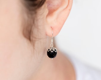 Black Drop Earrings Delicate Black Earrings Sterling Silver Earrings Simple Everyday Jewelry - E381