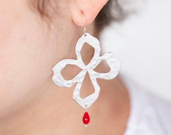 Flower Earrings Silver Floral Charm Red Drop Earrings Botanical Earrings Statement Earrings Flower Jewelry - E379