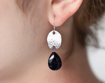 Black and White Drop Earrings Silver Oval Charm Tear Drop Dangle Earrings - E360