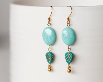 Blue Magnesite Bead Earrings Spring Turquoise Leaf Earrings Pastel Earrings Aqua Blue Jewelry - E392