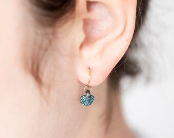 Patina Tiny Shell Earrings Verdigris Shell Charms Nautical Earrings Sea Jewelry - E383