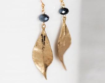 Leaf Dangle Earrings Dark Blue Beads Simple Leaf Earrings Gift for Mom Leaf Jewelry Mother’s Day Gift Delicate Leaf Dangles - E386