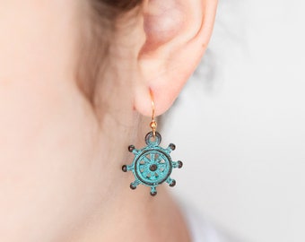 Patina Ship Wheel Earrings Pirate Ship Wheel Patina Earrings Nautical Earrings Verdigris Earrings - E123