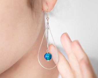 Silver Hoop Blue Earrings Peacock Feather Earrings Blue Bead Dangle Earrings Peacock Jewelry - E365