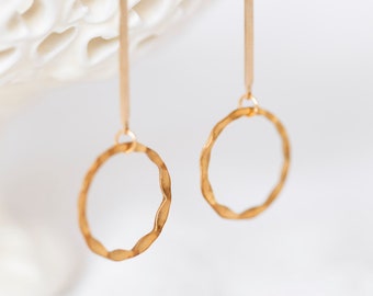 Long Drop Circle Earrings Circle Dangle Earrings Simple Everyday Jewelry Circle Ring Earrings - E364