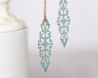 Patina Filigree Earrings Verdigris Floral Charm Art Deco Patina Earrings Shabby Rustic Chic Jewelry - E361