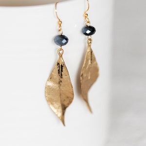 Leaf Dangle Earrings Dark Blue Beads Simple Leaf Earrings Gift for Mom Leaf Jewelry Mother’s Day Gift Delicate Leaf Dangles - E386