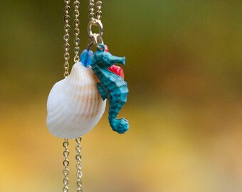 Shell Seahorse Necklace Red Coral Patina Seahorse Natural Shell Necklace Real Shell Verdigris Seahorse Mermaid Necklace Sea Jewelry - N339