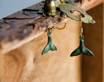 Whale Tail Earrings Patina Fish Tail Dangles Verdigris Tail Charms Ocean Whale Sea Jewelry - E282