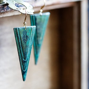 Patina Triangle Earrings Verdigris Turquoise Geometric Earrings Rustic Green Retro Charm Long Dangles E264 image 1