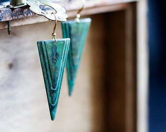 Patina Triangle Earrings Verdigris Turquoise Geometric Earrings Rustic Green Retro Charm Long Dangles - E264