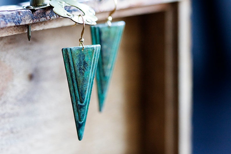 Patina Triangle Earrings Verdigris Turquoise Geometric Earrings Rustic Green Retro Charm Long Dangles E264 image 1