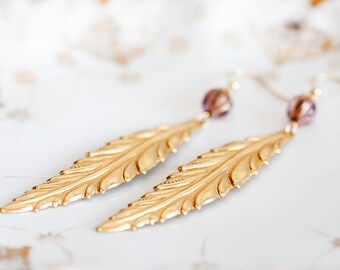 Feather Earrings Plum Red Bead Long Leaf Earrings Gold Feather Dangle Long Earrings Leaf Jewelry - E159