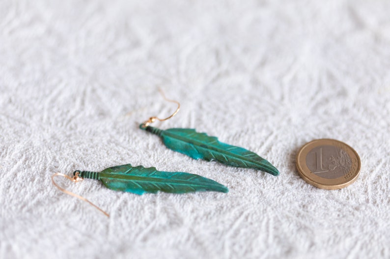 Patina Feather Earrings Verdigris Feather Dangle Earrings Bohemian Feather Boho Jewelry E358 image 2