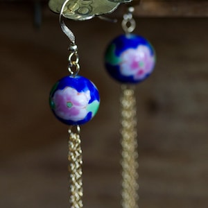 Floral Bead Chain Earrings Vintage Ceramic Beads Blue Pink Floral Earrings Unique Extra Long Earrings E260 image 1