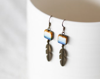 Tribal Dangle Earrings Feather Gypsy Earrings Bohemian Beaded Earrings Southwest Style Ethnic Feather Jewelry Boho Earrings - E402