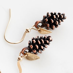 Tiny Leaf Pine Cone Earrings Christmas Gold Minimal Leaves Antiqued Copper Brown Pinecone Nature Woodland E188 image 5