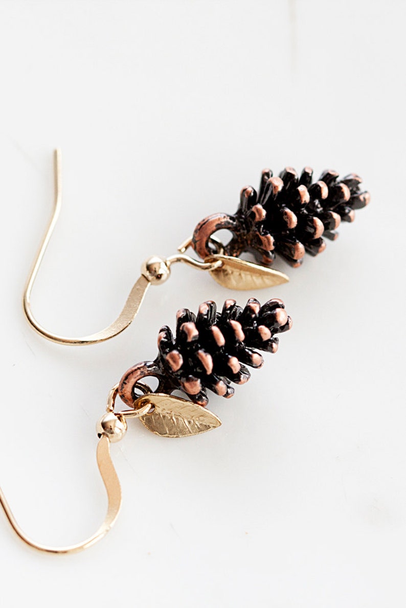 Tiny Leaf Pine Cone Earrings Christmas Gold Minimal Leaves Antiqued Copper Brown Pinecone Nature Woodland E188 image 5