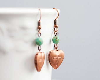 Copper Heart Earrings Heart Lockets Rustic Picasso Olive Green Beads Copper Earrings Cross Jewelry - E145