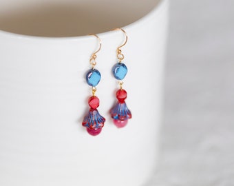 Blue Red Earrings Summer Flower Earrings Floral Dangle Earrings Sea Blue Beach Jewelry - E399
