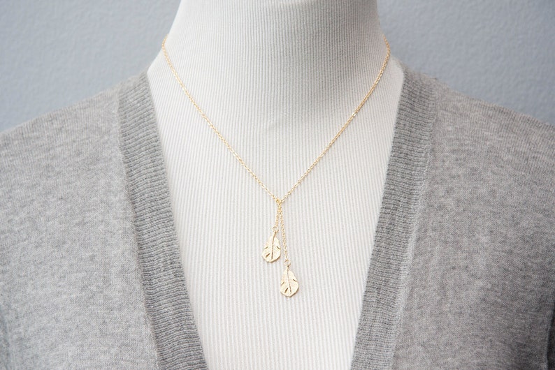 Feather Lariat Necklace Tiny Feather Charm Necklace Gold Feather Necklace Tribal Jewelry N207 image 4