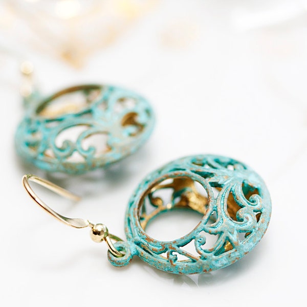 Patina Dangle Bohemian Earrings Pastel Verdigris Floral Pendant Shabby Chic Earrings Patina Filigree Earrings - E085