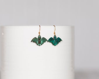 Verdigris Bat Earrings Little Green Bat Dangles Spooky Flying Bat Gothic Vampire Bat Jewelry - E278