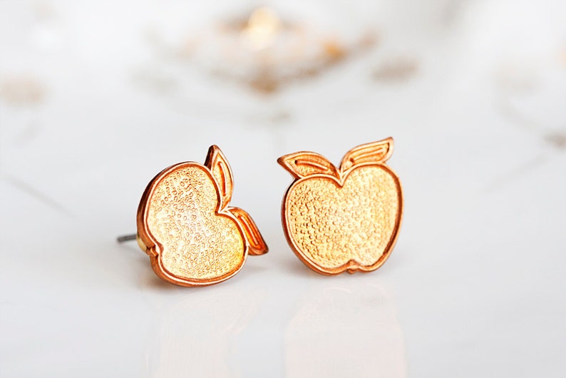 Copper Apple Earrings Summer Sunshine Orange Apple Ear Studs Apple Ear Posts Apple Fruit Stud Earrings Summer Jewelry E157 image 1