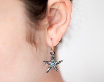 Patina Starfish Earrings Verdigris Sea Stars Earrings Nautical Patina Jewelry Blue Starfish Jewelry Ocean Sea Star Jewelry - E370