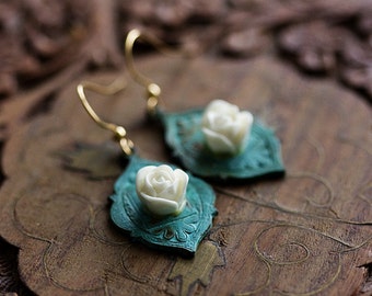 Rose Patina Earrings Verdigris White Flower Earrings Floral Dangle Earrings Green Earrings Bohemian Jewelry Valentine’s Day Gift - E327