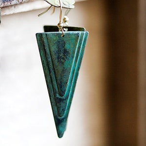 Patina Triangle Earrings Verdigris Turquoise Geometric Earrings Rustic Green Retro Charm Long Dangles E264 image 3