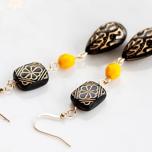 Black Floral Beaded Earrings Etched Bead Black Earrings Yellow Bead Bohemian Earrings Black Jewelry E144 image 1